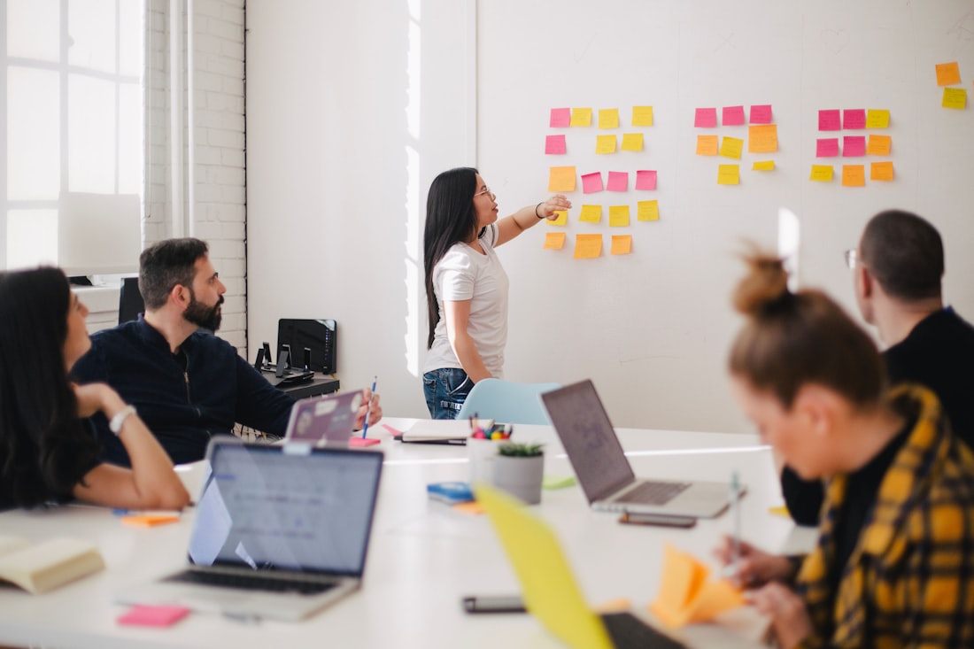Marketing team collaborating around a strategy session